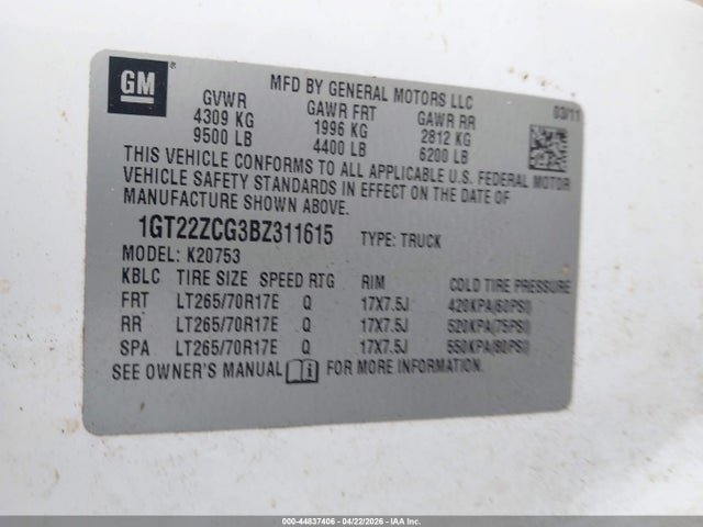 Продажа на аукционе авто 2011 Gmc Sierra 2500hd Work Truck, vin: 1GT22ZCG3BZ311615, номер лота: 44837406