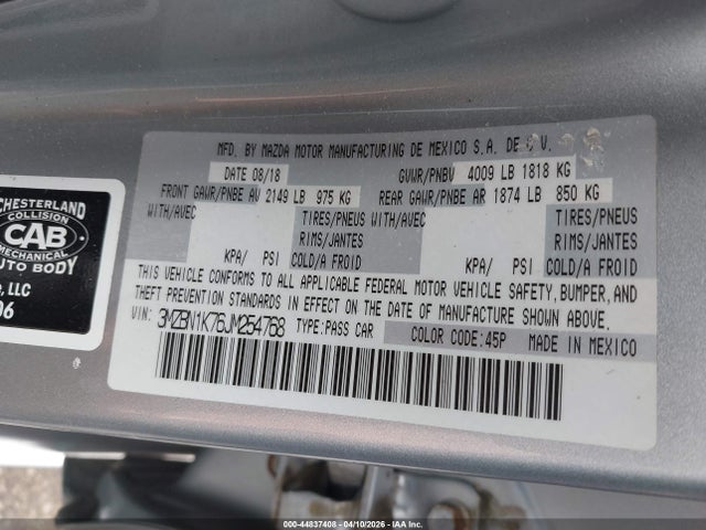 44837408 :رقم المزاد ، 3MZBN1K76JM254768 vin ، 2018 Mazda Mazda3 Sport مزاد بيع