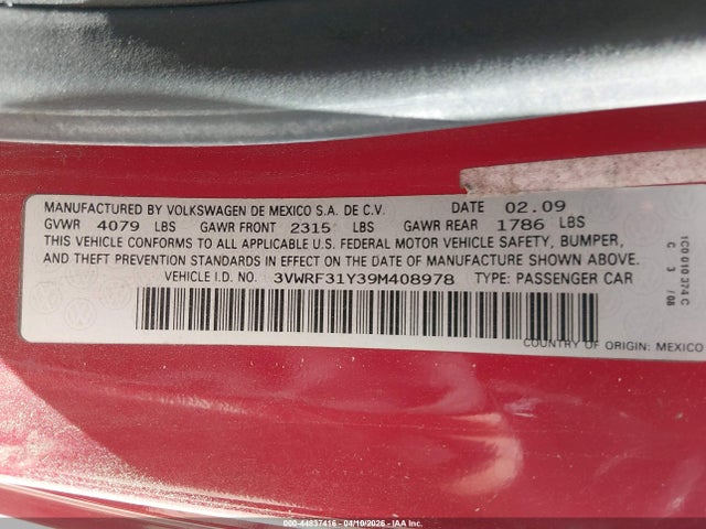 44837416 :رقم المزاد ، 3VWRF31Y39M408978 vin ، 2009 Volkswagen New Beetle 2.5l مزاد بيع