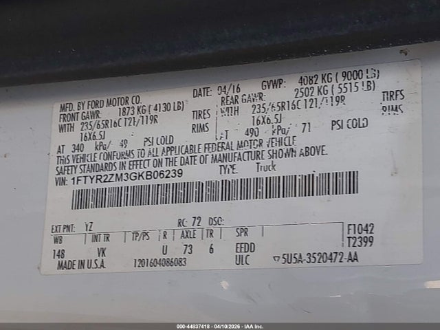 44837418 :رقم المزاد ، 1FTYR2ZM3GKB06239 vin ، 2016 Ford Transit-250 مزاد بيع