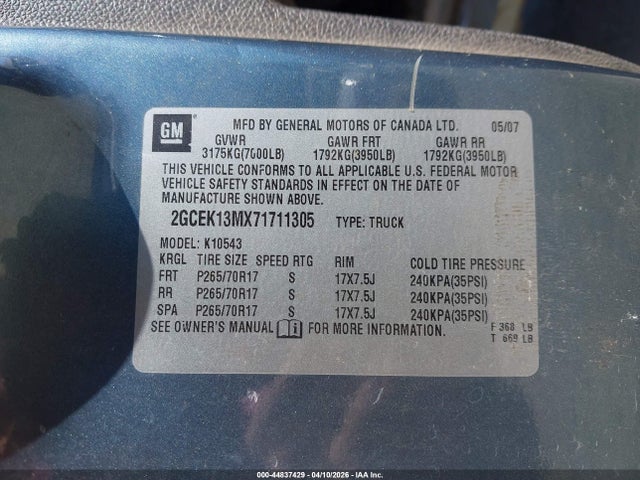Продажа на аукционе авто 2007 Chevrolet Silverado 1500 Lt1, vin: 2GCEK13MX71711305, номер лота: 44837429