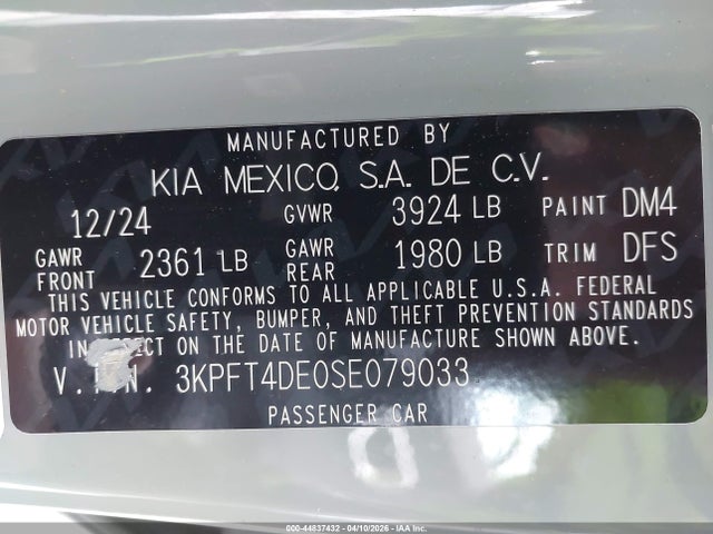 Продаж на аукціоні авто 2025 Kia K4 Lxs, vin: 3KPFT4DE0SE079033, номер лоту: 44837432