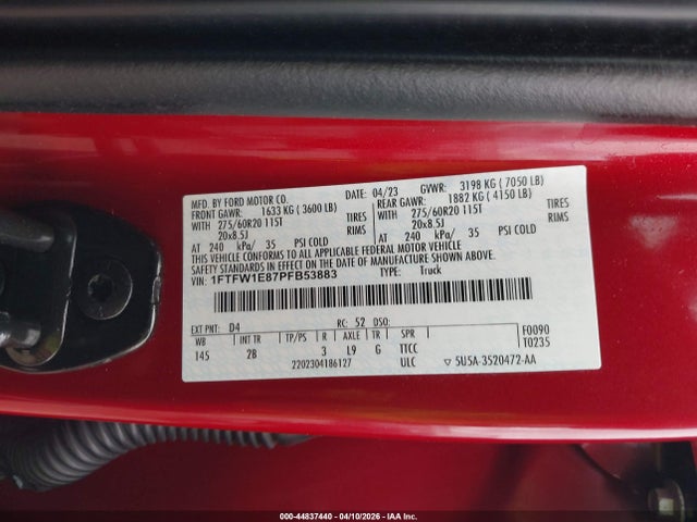 44837440 :رقم المزاد ، 1FTFW1E87PFB53883 vin ، 2023 Ford F-150 Lariat مزاد بيع