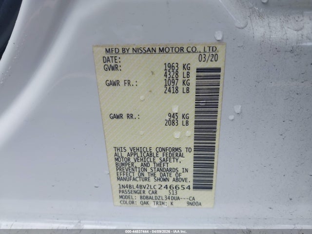 Продажа на аукционе авто 2020 Nissan Altima S Fwd, vin: 1N4BL4BV2LC246654, номер лота: 44837444