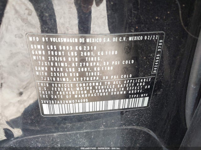 2022 Volkswagen Tiguan 2.0t Se მანქანა იყიდება აუქციონზე, vin: 3VV2B7AX2NM074095, აუქციონის ნომერი: 44837459