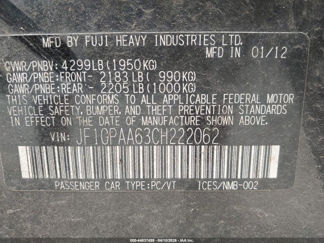 2012 Subaru Impreza 2.0i მანქანა იყიდება აუქციონზე, vin: JF1GPAA63CH222062, აუქციონის ნომერი: 44837499