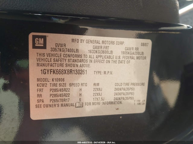 2008 Cadillac Escalade Esv Standard მანქანა იყიდება აუქციონზე, vin: 1GYFK668X8R130261, აუქციონის ნომერი: 44837510