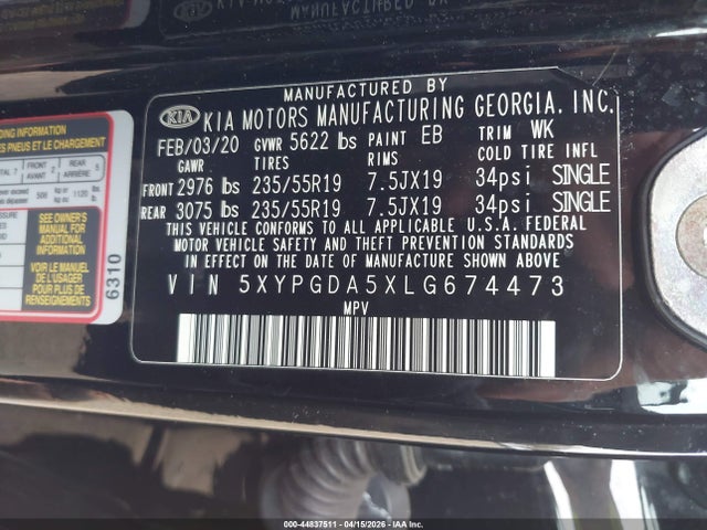 44837511 :رقم المزاد ، 5XYPGDA5XLG674473 vin ، 2020 Kia Sorento 3.3l S مزاد بيع