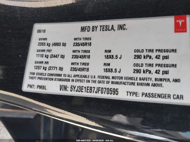 Aukcja sprzedaży 2018 Tesla Model 3 Long Range/performance, vin: 5YJ3E1EB7JF070595, numer aukcji: 44837528