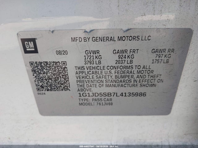 2020 Chevrolet Sonic Fwd  Lt მანქანა იყიდება აუქციონზე, vin: 1G1JD5SB7L4135986, აუქციონის ნომერი: 44837541