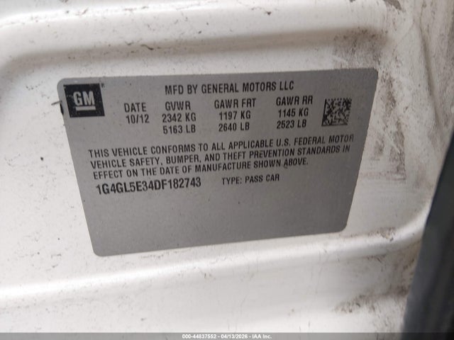 44837552 :رقم المزاد ، 1G4GL5E34DF182743 vin ، 2013 Buick Lacrosse Leather Group مزاد بيع