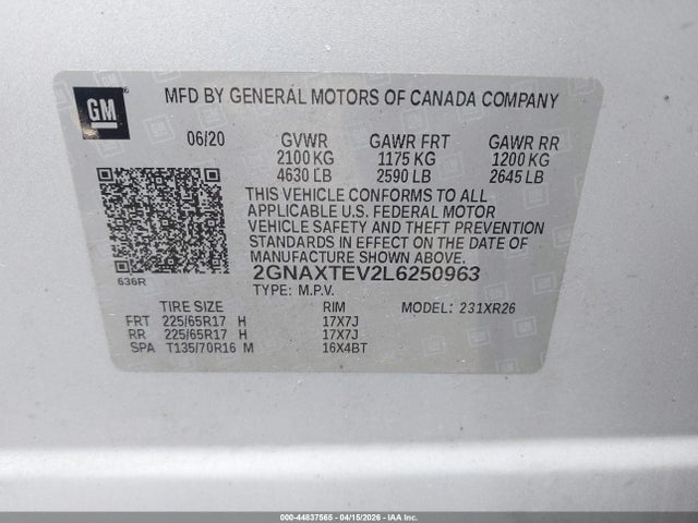 2020 Chevrolet Equinox Awd 2fl მანქანა იყიდება აუქციონზე, vin: 2GNAXTEV2L6250963, აუქციონის ნომერი: 44837565