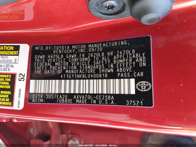 Auction sale of the 2020 Toyota Camry Se, vin: 4T1G11AK8LU400818, lot number: 44837567