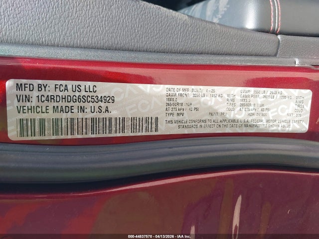 44837570 :رقم المزاد ، 1C4RDHDG6SC534929 vin ، 2025 Dodge Durango Gt Rwd مزاد بيع