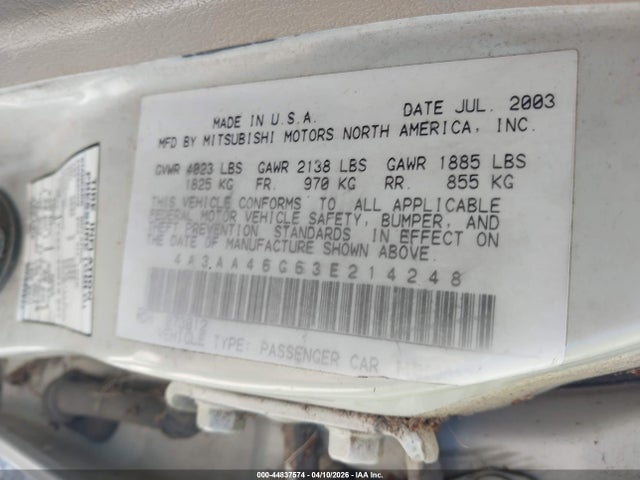 Aukcja sprzedaży 2003 Mitsubishi Galant Es/ls, vin: 4A3AA46G63E214248, numer aukcji: 44837574