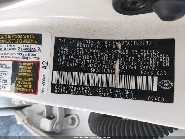 44837586 :رقم المزاد ، 4T1BK3DB1CU446747 vin ، 2012 Toyota Avalon مزاد بيع