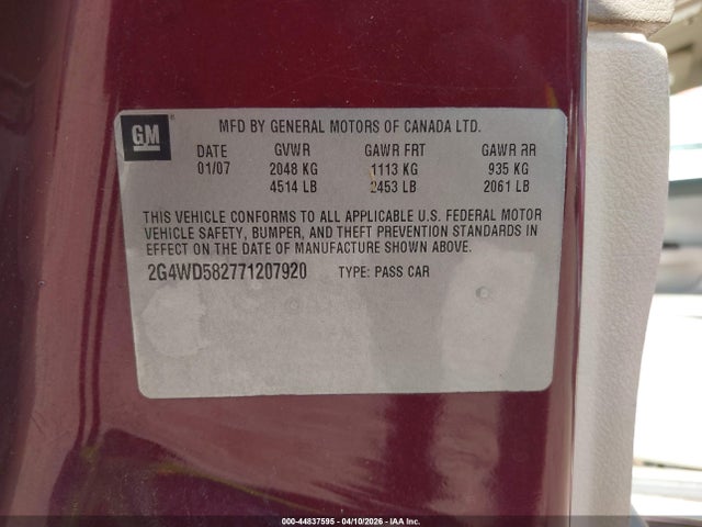 Aukcja sprzedaży 2007 Buick Lacrosse Cxl, vin: 2G4WD582771207920, numer aukcji: 44837595