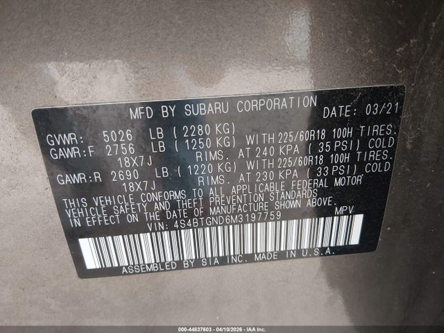 2021 Subaru Outback Limited Xt მანქანა იყიდება აუქციონზე, vin: 4S4BTGND6M3197759, აუქციონის ნომერი: 44837603