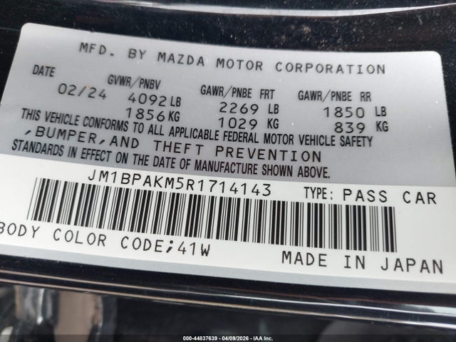 Aukcja sprzedaży 2024 Mazda Mazda3 2.5 S Select Sport, vin: JM1BPAKM5R1714143, numer aukcji: 44837639
