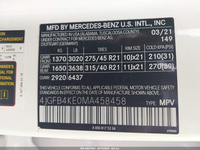 Auction sale of the 2021 Mercedes-benz Gle 350 4matic, vin: 4JGFB4KE0MA458458, lot number: 44837644
