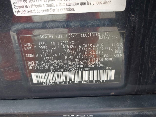44837659 :رقم المزاد ، 4S4BRBAC6C3226982 vin ، 2012 Subaru Outback 2.5i مزاد بيع