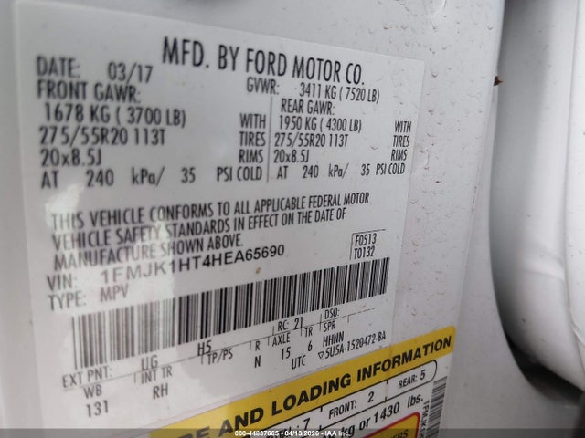 44837665 :رقم المزاد ، 1FMJK1HT4HEA65690 vin ، 2017 Ford Expedition El King Ranch مزاد بيع