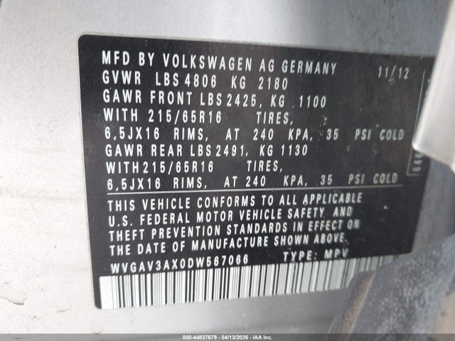2013 Volkswagen Tiguan S მანქანა იყიდება აუქციონზე, vin: WVGAV3AX0DW567066, აუქციონის ნომერი: 44837679