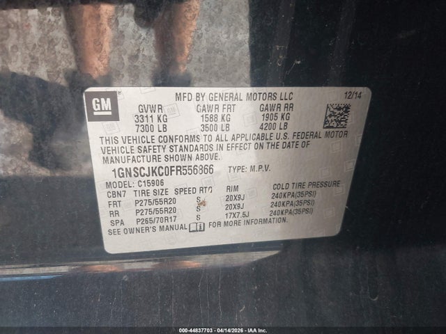 Aukcja sprzedaży 2015 Chevrolet Suburban 1500 Lt, vin: 1GNSCJKC0FR556866, numer aukcji: 44837703