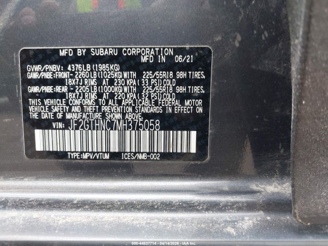 44837714 :رقم المزاد ، JF2GTHNC7MH375058 vin ، 2021 Subaru Crosstrek Limited مزاد بيع