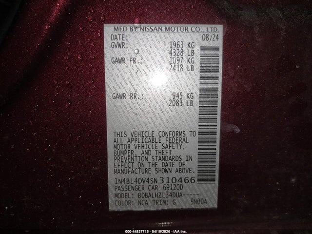 2025 Nissan Altima Sv Fwd მანქანა იყიდება აუქციონზე, vin: 1N4BL4DV4SN310466, აუქციონის ნომერი: 44837715