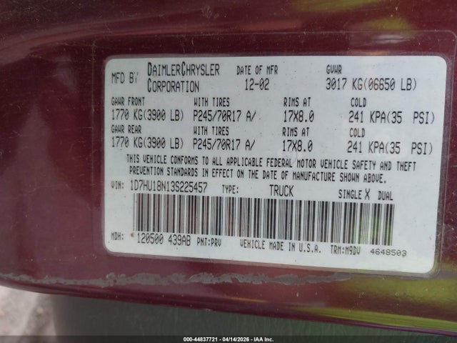 44837721 :رقم المزاد ، 1D7HU18N13S225457 vin ، 2003 Dodge Ram 1500 Slt/laramie/st مزاد بيع