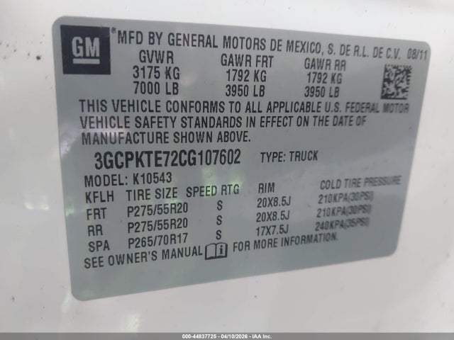 Продажа на аукционе авто 2012 Chevrolet Silverado 1500 Ltz, vin: 3GCPKTE72CG107602, номер лота: 44837725