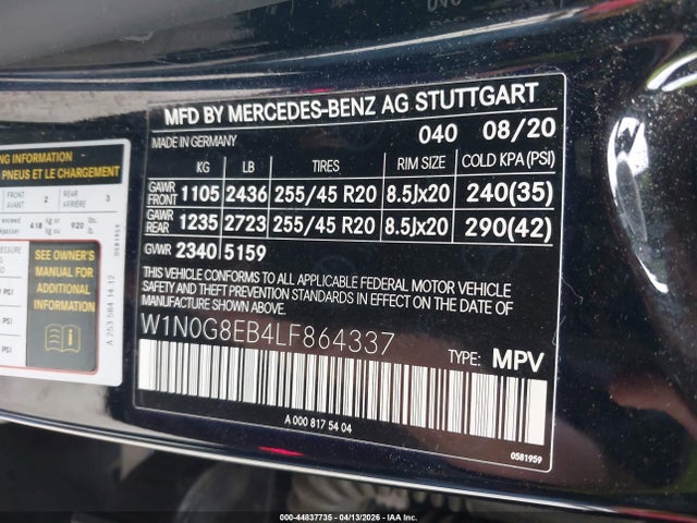 44837735 :رقم المزاد ، W1N0G8EB4LF864337 vin ، 2020 Mercedes-benz Glc 300 4matic مزاد بيع