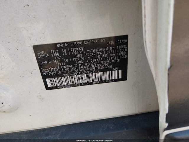Aukcja sprzedaży 2021 Subaru Outback Premium, vin: 4S4BTAFC7M3104380, numer aukcji: 44837771