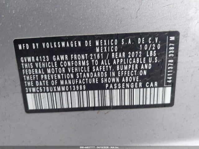 44837777 :رقم المزاد ، 3VWC57BUXMM013989 vin ، 2021 Volkswagen Jetta 1.4t R-line/1.4t S/1.4t Se مزاد بيع