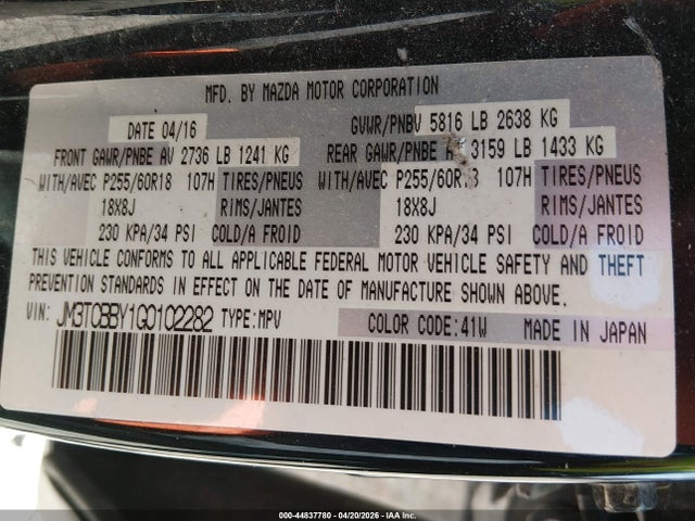 Aukcja sprzedaży 2016 Mazda Cx-9 Sport, vin: JM3TCBBY1G0102282, numer aukcji: 44837780