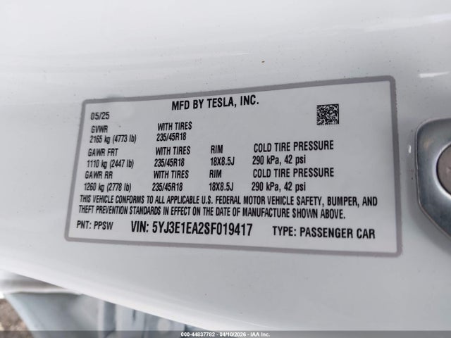 Aukcja sprzedaży 2025 Tesla Model 3 Long Range Rear-wheel Drive/standard Rear-wheel Drive, vin: 5YJ3E1EA2SF019417, numer aukcji: 44837782