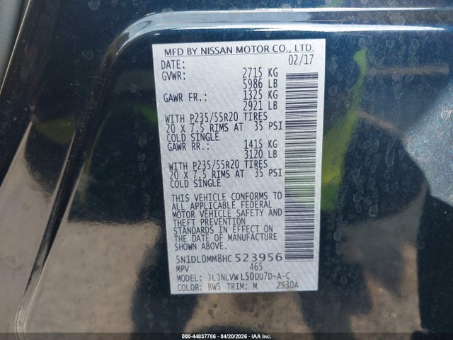 Aukcja sprzedaży 2017 Infiniti Qx60, vin: 5N1DL0MM8HC523956, numer aukcji: 44837786