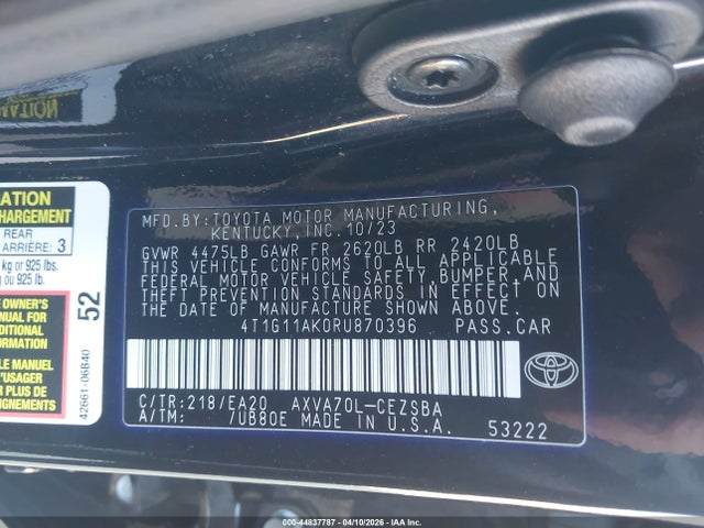 44837787 :رقم المزاد ، 4T1G11AK0RU870396 vin ، 2024 Toyota Camry Se مزاد بيع