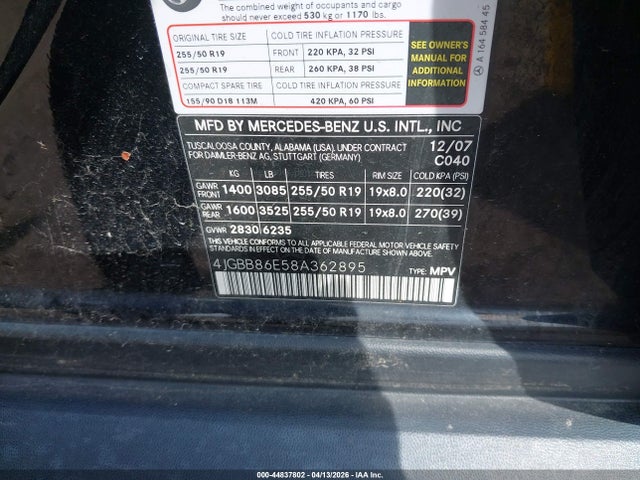Aukcja sprzedaży 2008 Mercedes-benz Ml 350 4matic, vin: 4JGBB86E58A362895, numer aukcji: 44837802