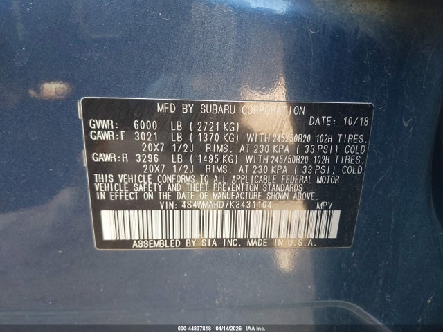 44837818 :رقم المزاد ، 4S4WMARD7K3431104 vin ، 2019 Subaru Ascent Touring مزاد بيع