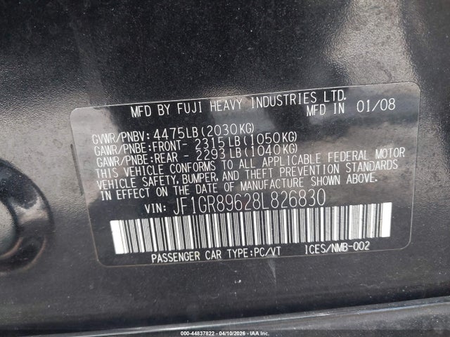 44837822 :رقم المزاد ، JF1GR89628L826830 vin ، 2008 Subaru Impreza Wrx Sti مزاد بيع