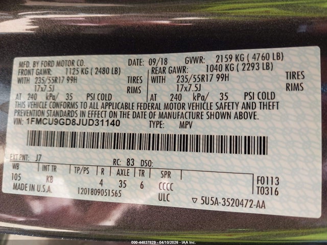 2018 FORD ESCAPE 1FMCU9GD8JUD31140 Photo 8