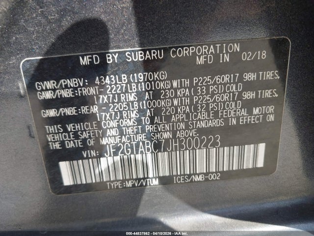 44837862 :رقم المزاد ، JF2GTABC7JH300223 vin ، 2018 Subaru Crosstrek 2.0i Premium مزاد بيع