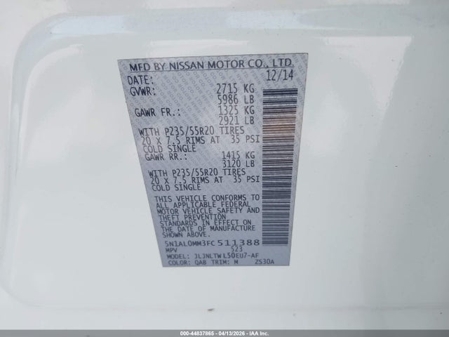 Aukcja sprzedaży 2015 Infiniti Qx60, vin: 5N1AL0MM3FC511388, numer aukcji: 44837865