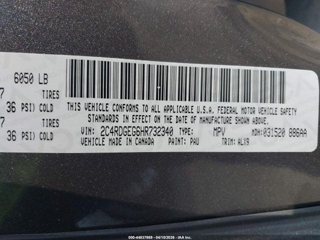 Auction sale of the 2017 Dodge Grand Caravan Gt, vin: 2C4RDGEG6HR732340, lot number: 44837869