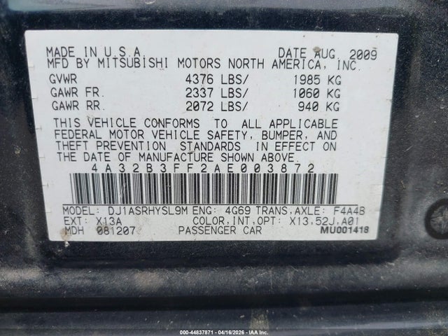 Aukcja sprzedaży 2010 Mitsubishi Galant Es/se, vin: 4A32B3FF2AE003872, numer aukcji: 44837871
