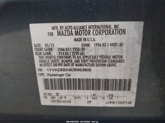 44837886 :رقم المزاد ، 1YVHZ8BH4D5M03900 vin ، 2013 Mazda Mazda6 I Sport مزاد بيع