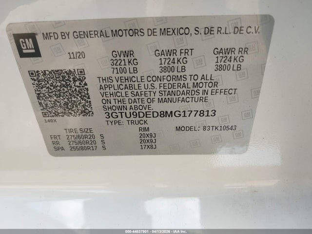 Продажа на аукционе авто 2021 Gmc Sierra 1500, vin: 3GTU9DED8MG177813, номер лота: 44837901