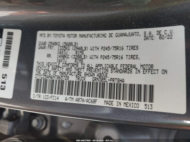 Auction sale of the 2022 Toyota Tacoma Sr5 V6, vin: 3TYCZ5AN6NT065728, lot number: 44837905
